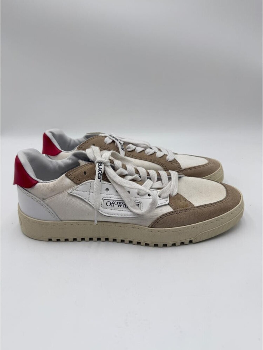 Off-White “CUP SOLE” White/Beige Suede Low Top Lace Up Fashion Sneakers, Size 40